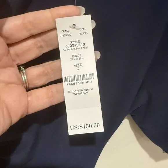 White House Black Market Size S Navy Ruched Cinched Tie Midi Pullover WMN Dress - Picture 4 of 8